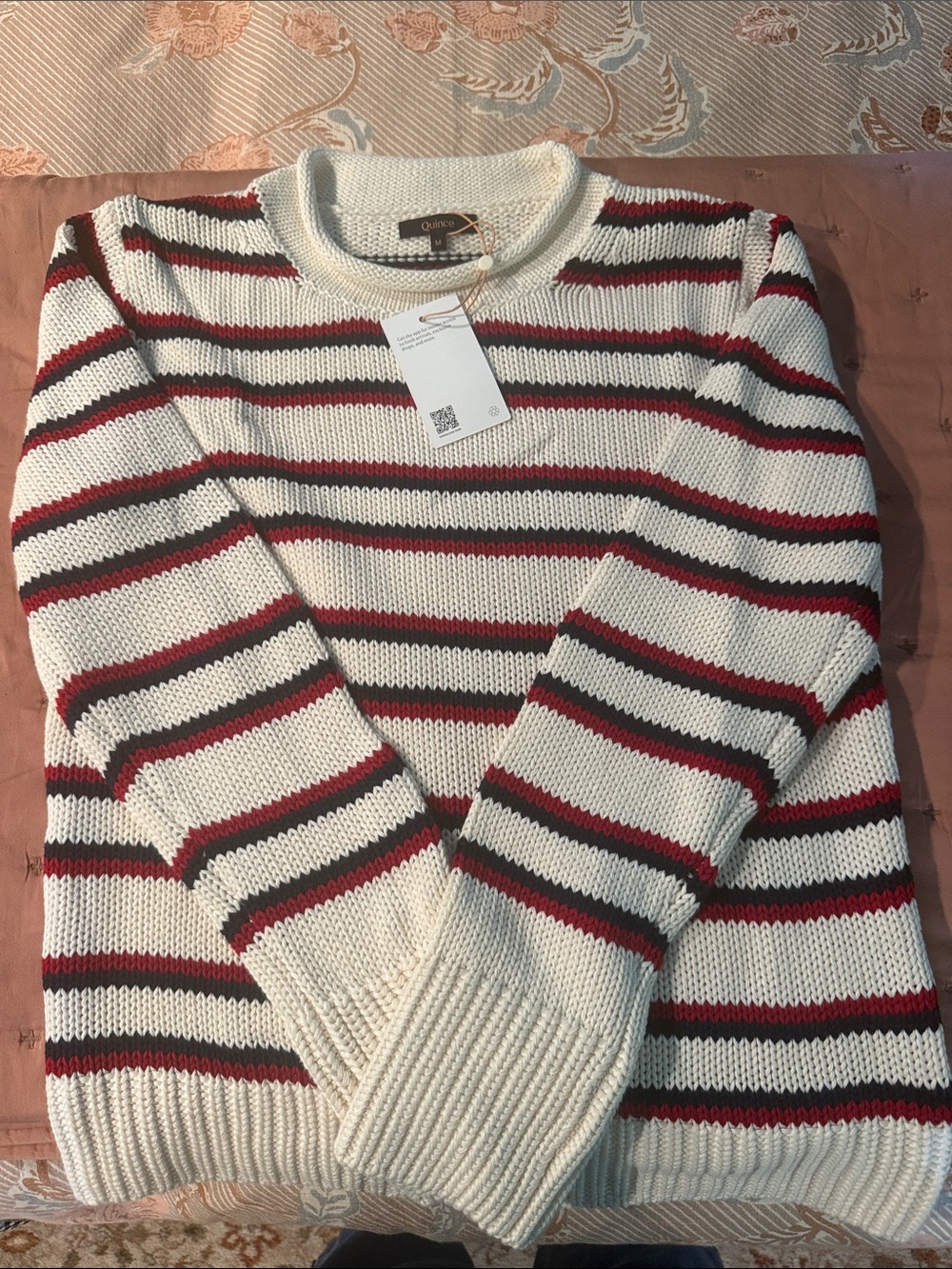 Quince women’s  cotton roll neck  Striped Knit Sweater with Red & navy New !
